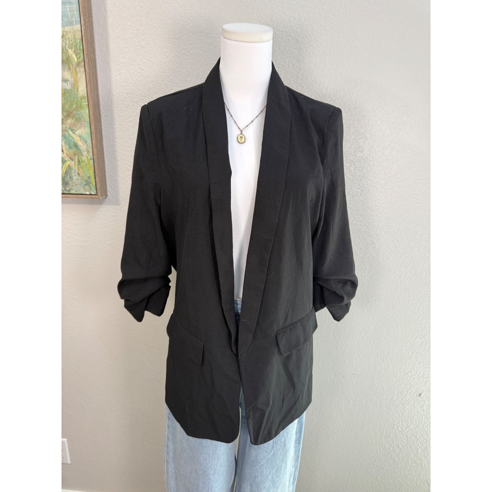 black open front blazer ruched sleeves minimalist‎ workwear - M